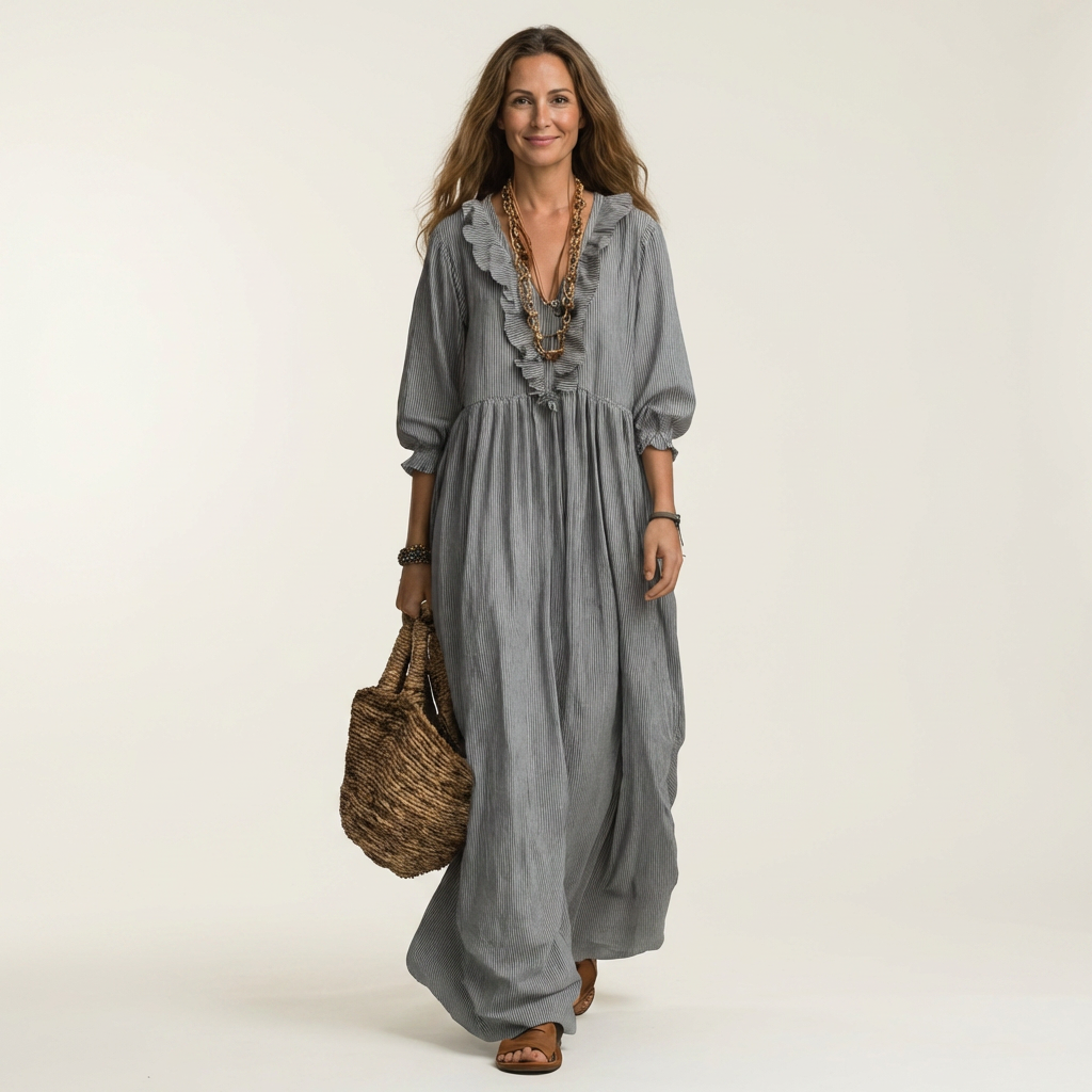 Vestido largo Willemien con escote de volantes y mangas farol.