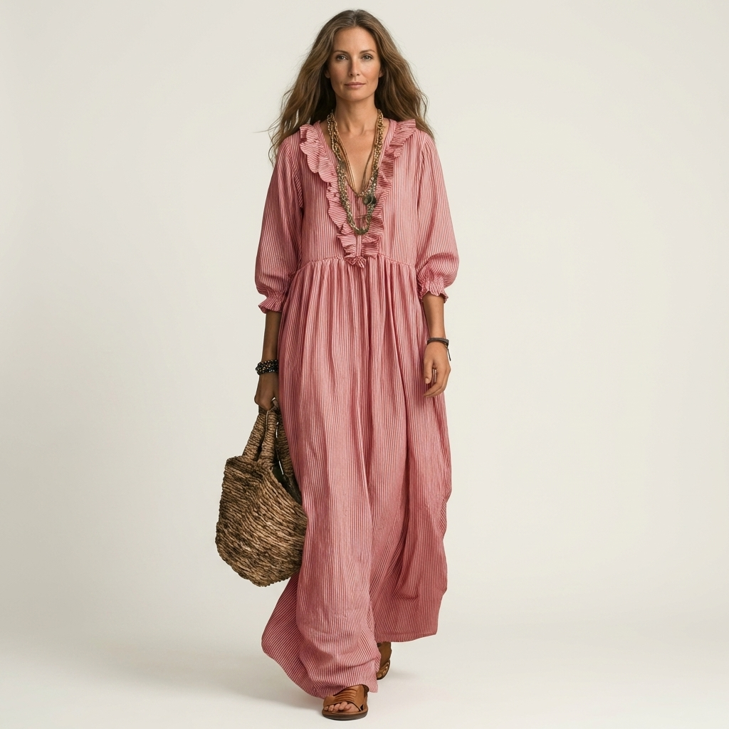 Vestido largo Willemien con escote de volantes y mangas farol.