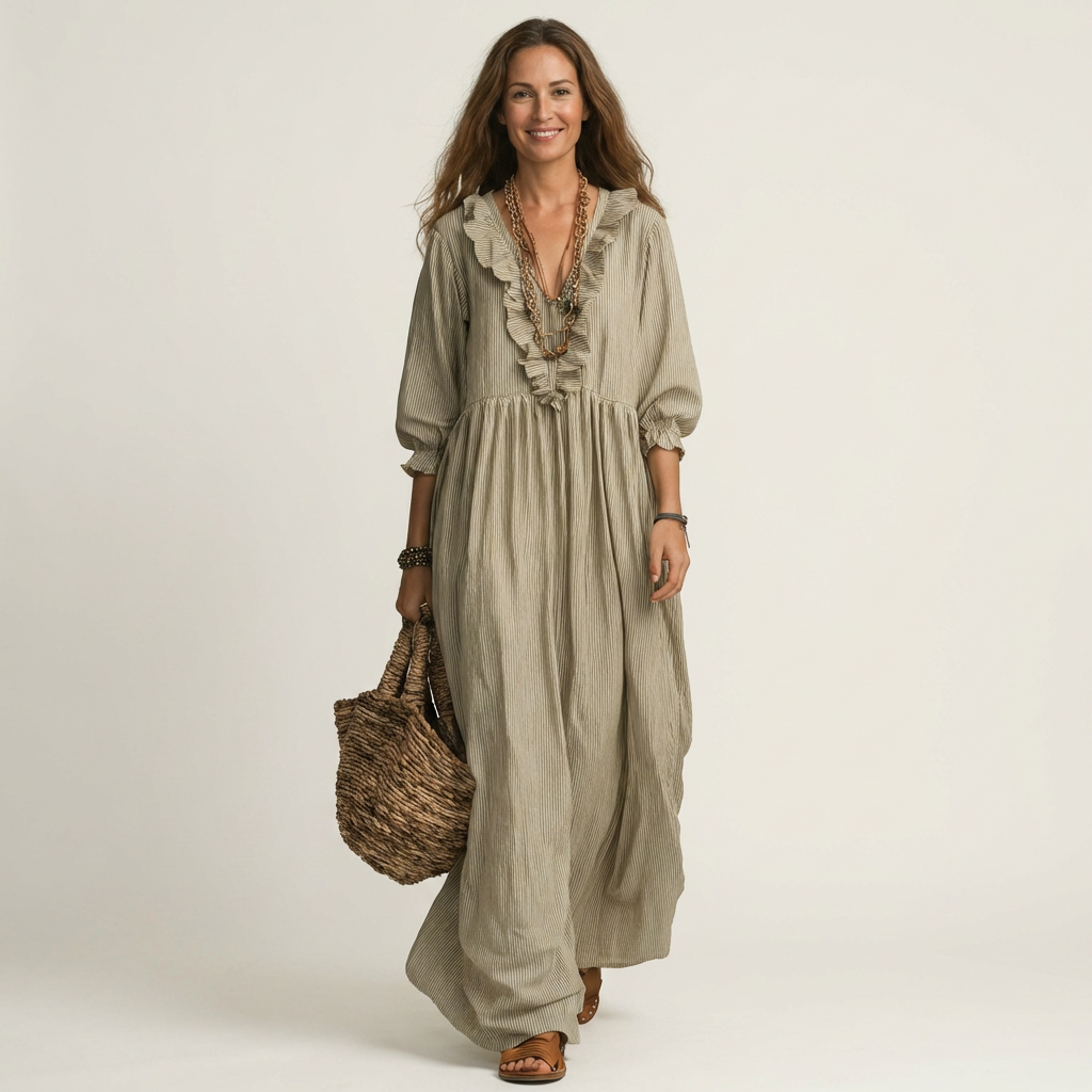 Vestido largo Willemien con escote de volantes y mangas farol.
