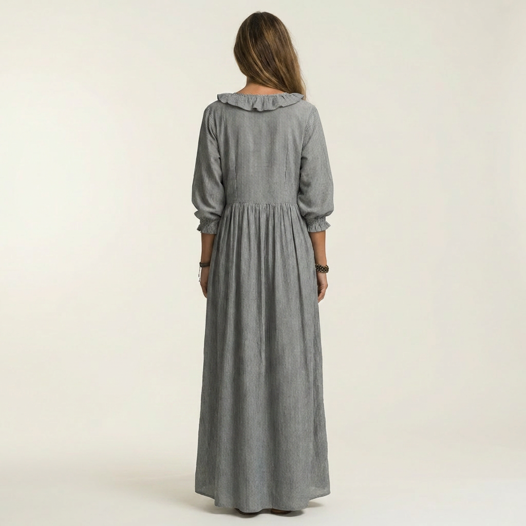 Vestido largo Willemien con escote de volantes y mangas farol.