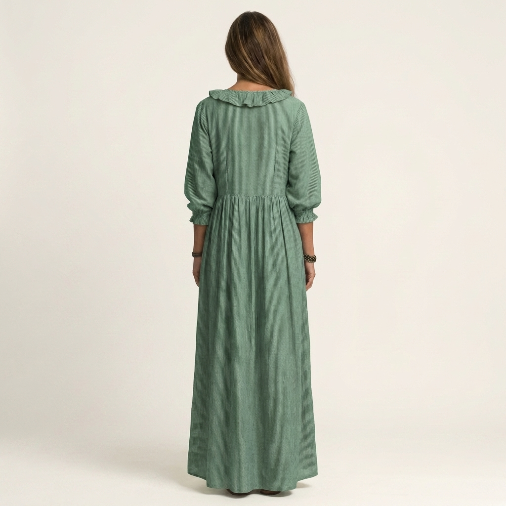 Vestido largo Willemien con escote de volantes y mangas farol.