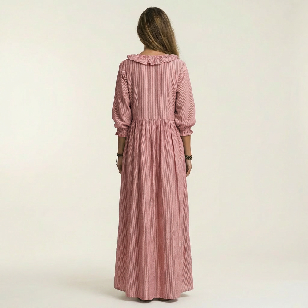 Vestido largo Willemien con escote de volantes y mangas farol.