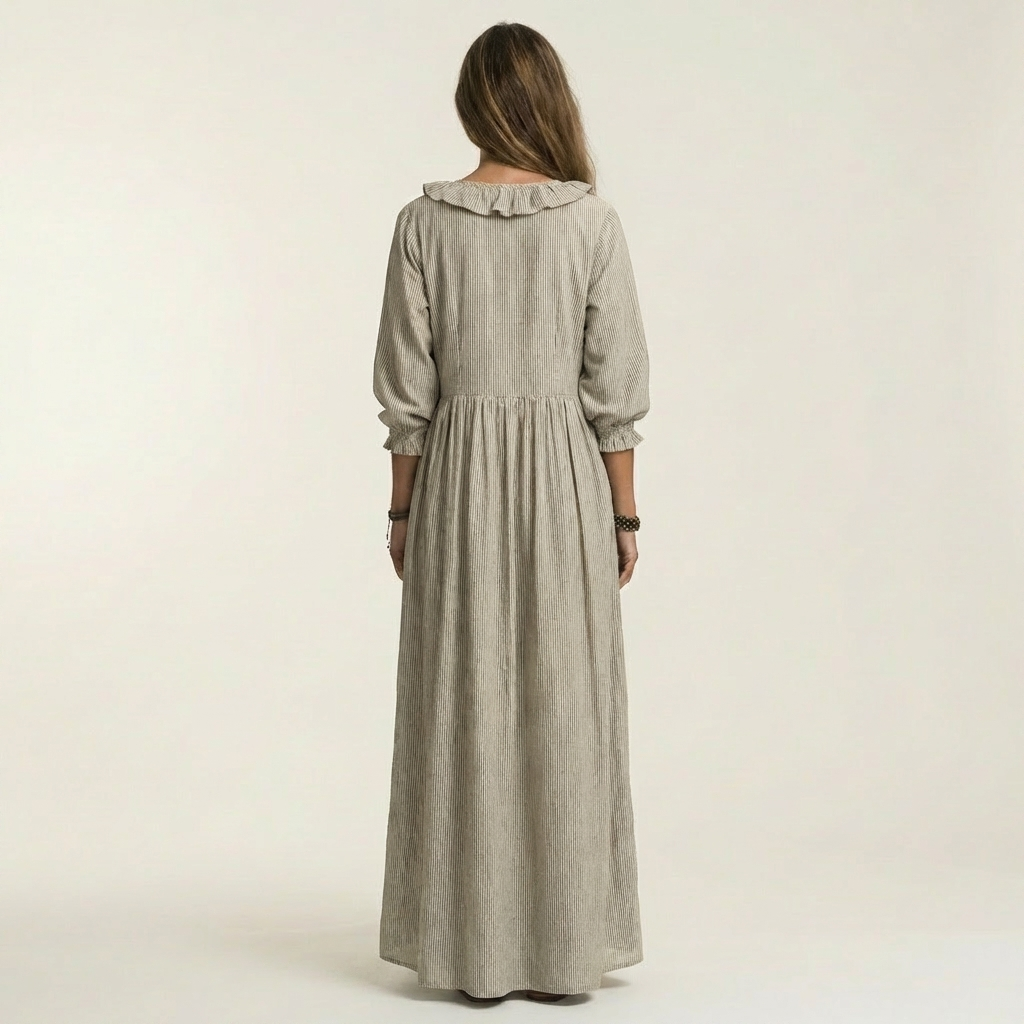 Vestido largo Willemien con escote de volantes y mangas farol.