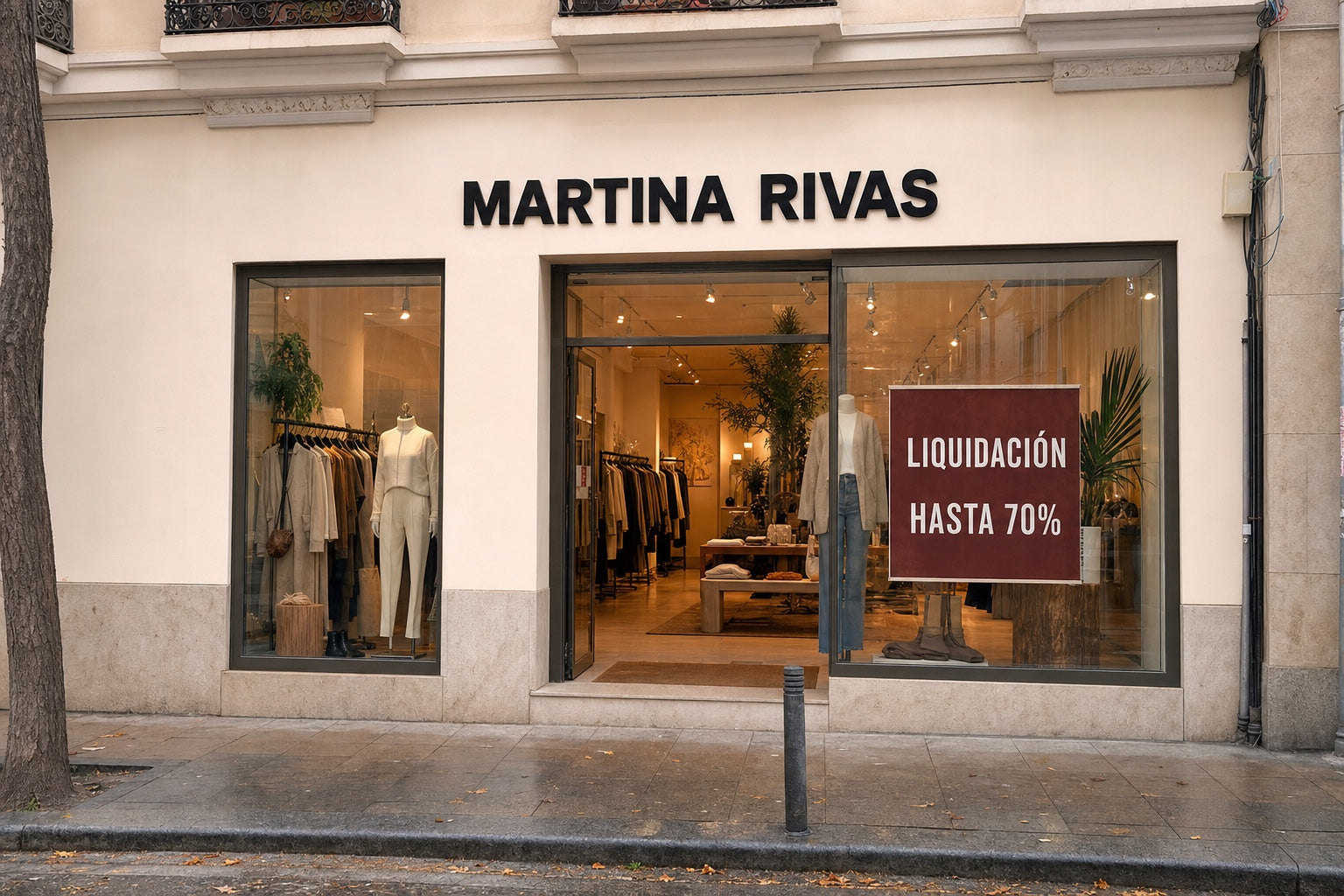 Fachada de la tienda Martina Rivas con un cartel de liquidación de hasta el 70 por ciento