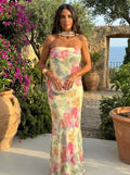 Úrsula™ | Vestido largo sin tirantes con flores de acuarela