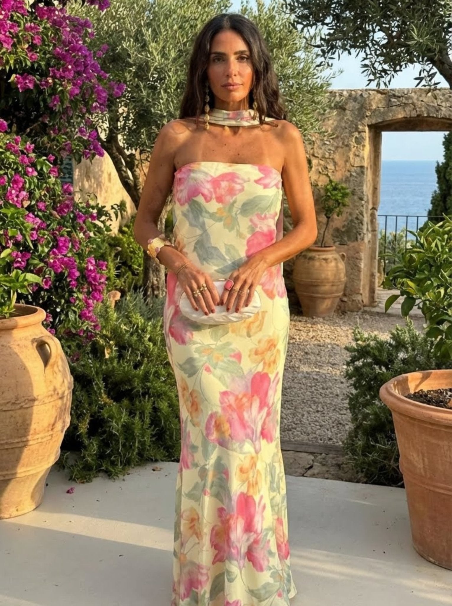 Úrsula™ | Vestido largo sin tirantes con flores de acuarela