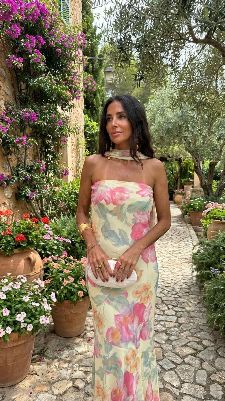 Úrsula™ | Vestido largo sin tirantes con flores de acuarela